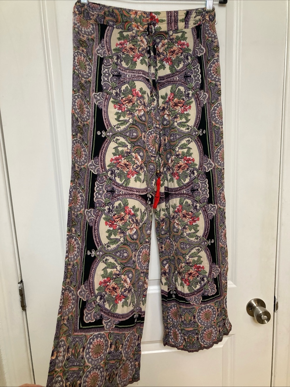 Angie Boho Floral Wide Leg Palazzo Pants Rayon India Size S Hippie Drawstring